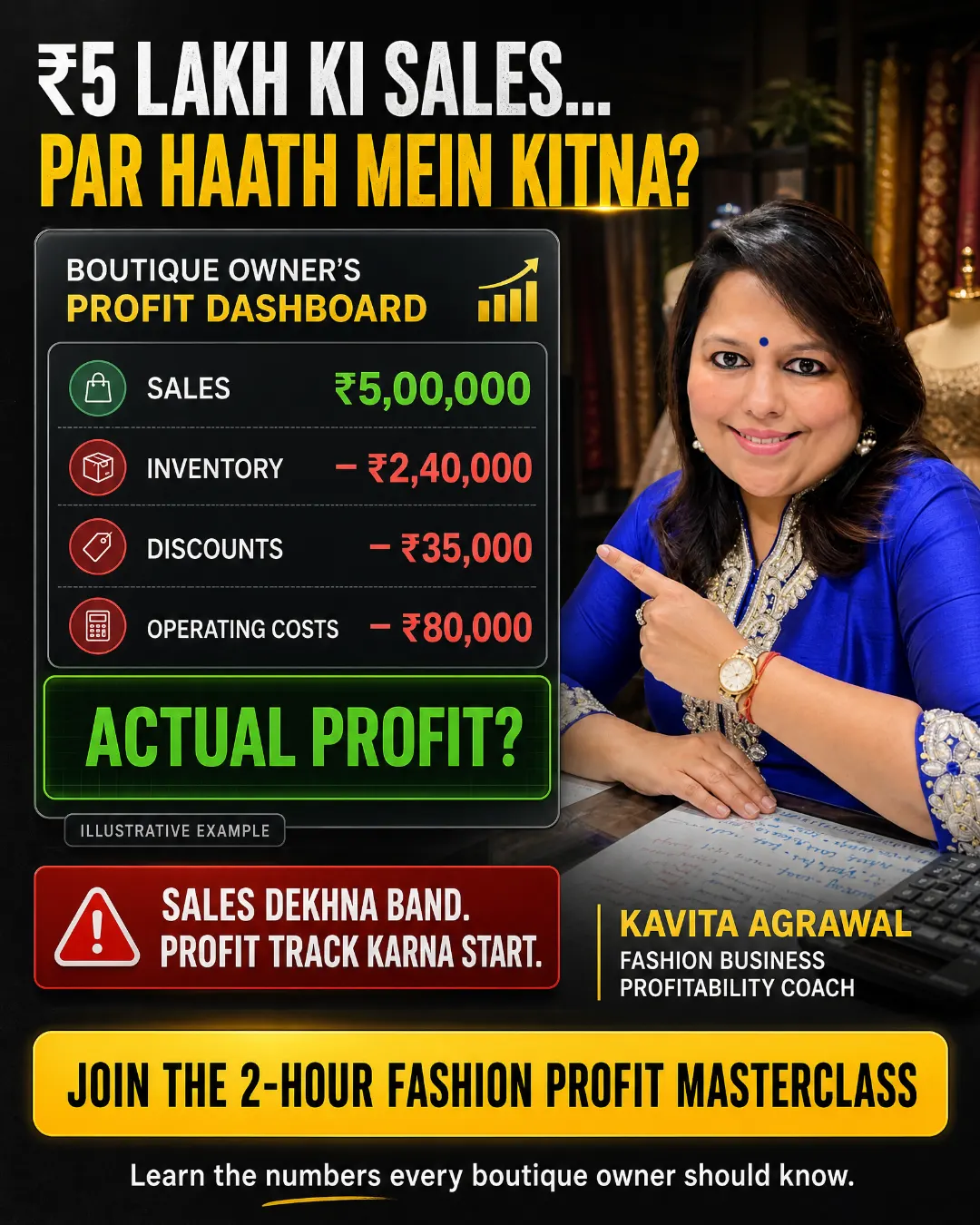 Meta ad creative for Kavita Agrawal's Fashion Profit Masterclass: Profit dashboard