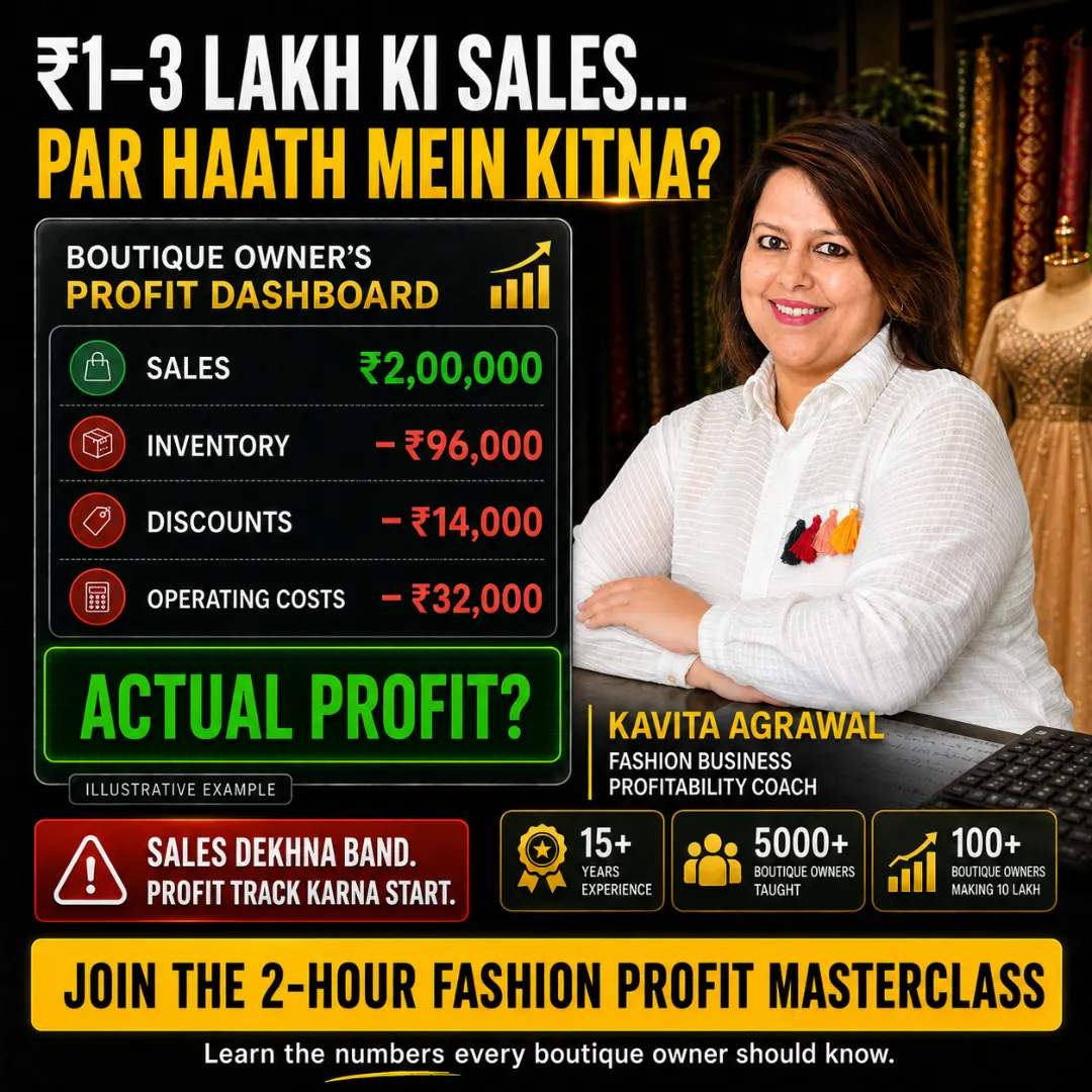 Meta ad creative for Kavita Agrawal's Fashion Profit Masterclass: Profit dashboard, square