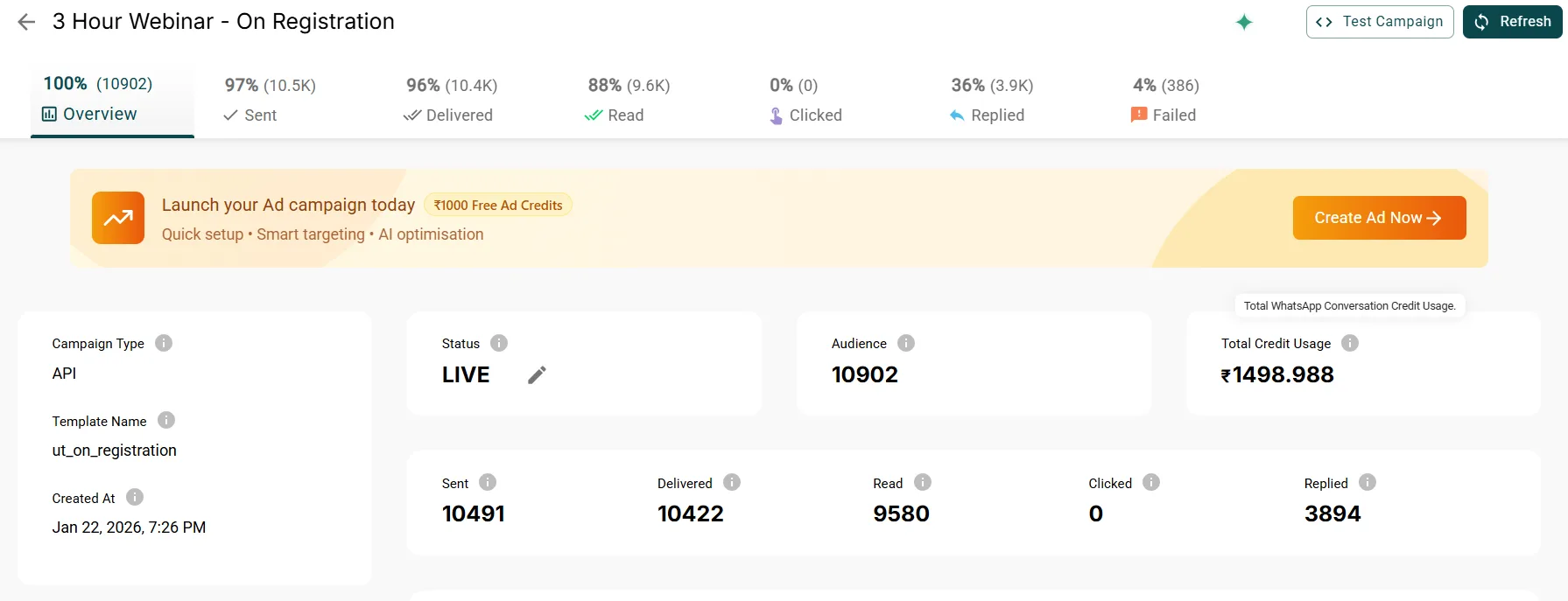 AiSensy campaign dashboard for 3 Hour Webinar On Registration: 10,902 audience, 10,491 sent, 10,422 delivered, 9,580 read, 3,894 replied