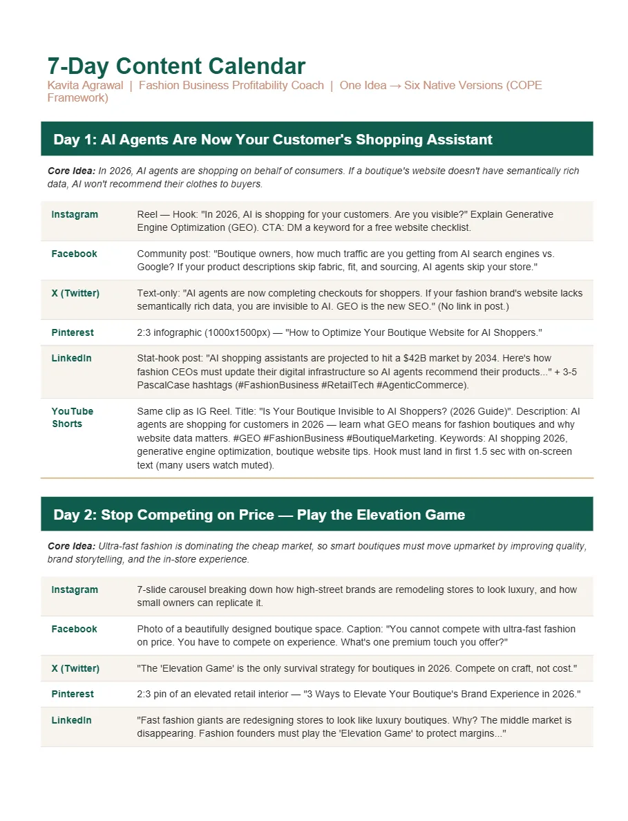 Day 1–7 content calendar