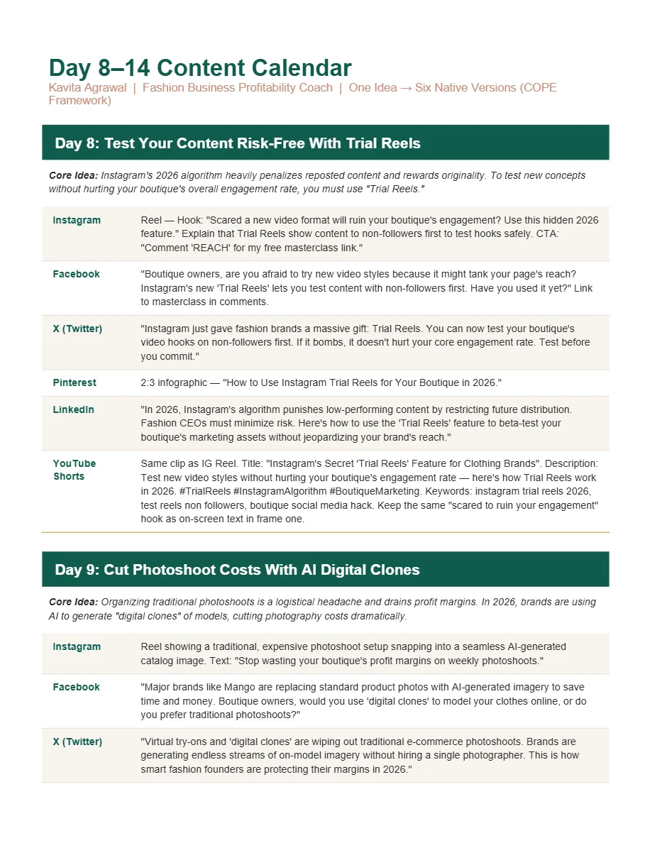 Day 8–14 content calendar: Instagram, Facebook, X, Pinterest, LinkedIn and YouTube Shorts posts per day