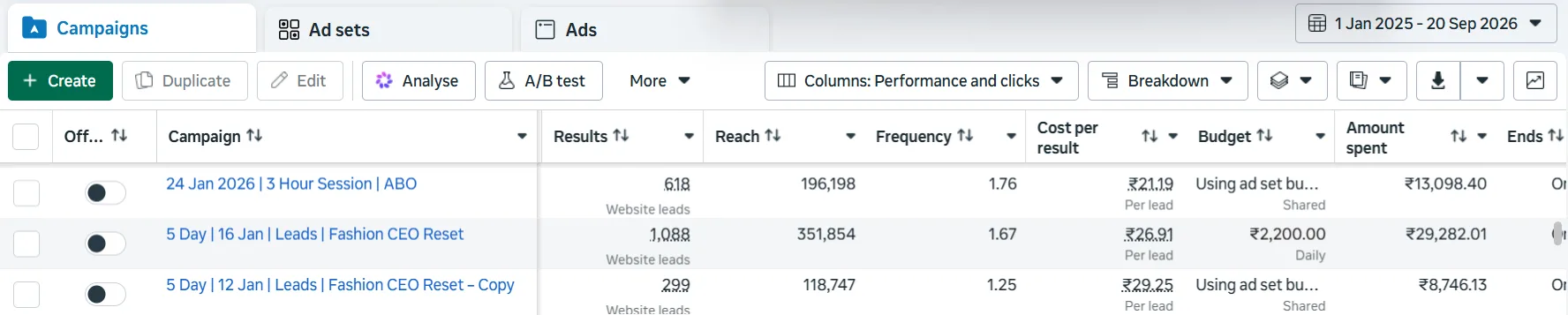Meta Ads Manager campaigns list showing masterclass and webinar campaigns with results, reach, frequency, cost per result, budget and amount spent