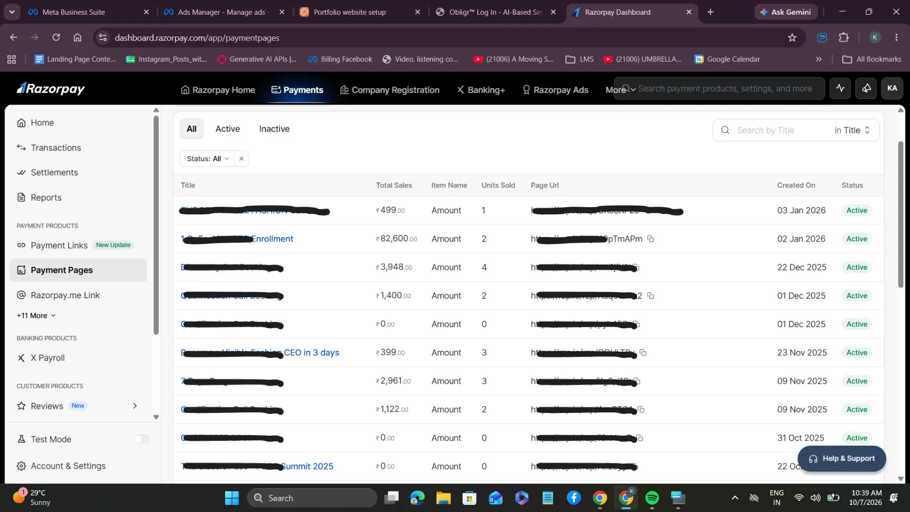 Razorpay payment pages — newest offers, Oct 2025 to Jan 2026. Titles and links redacted.