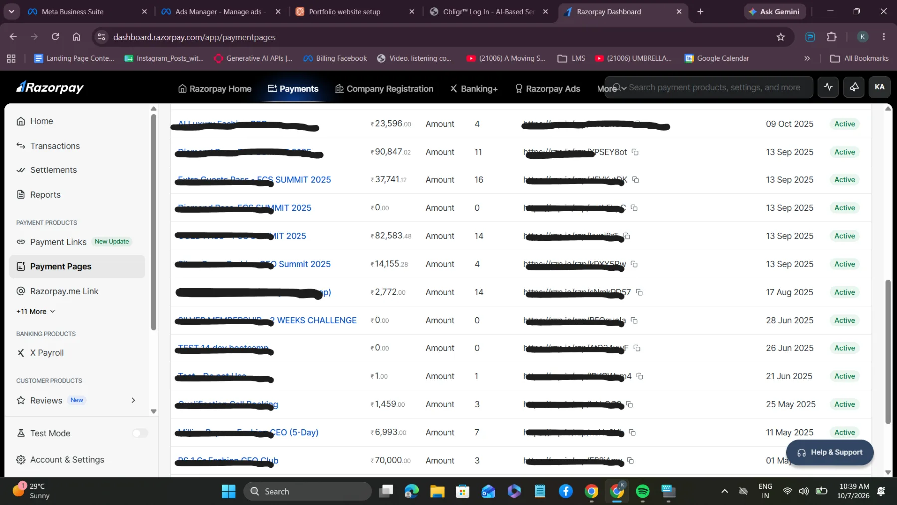 Razorpay payment pages — summit passes and workshops, May to Oct 2025. Titles and links redacted.