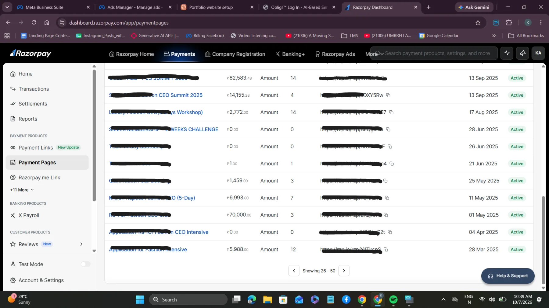 Razorpay payment pages — challenges, bootcamps and intensives, Mar to Sep 2025. Titles and links redacted.