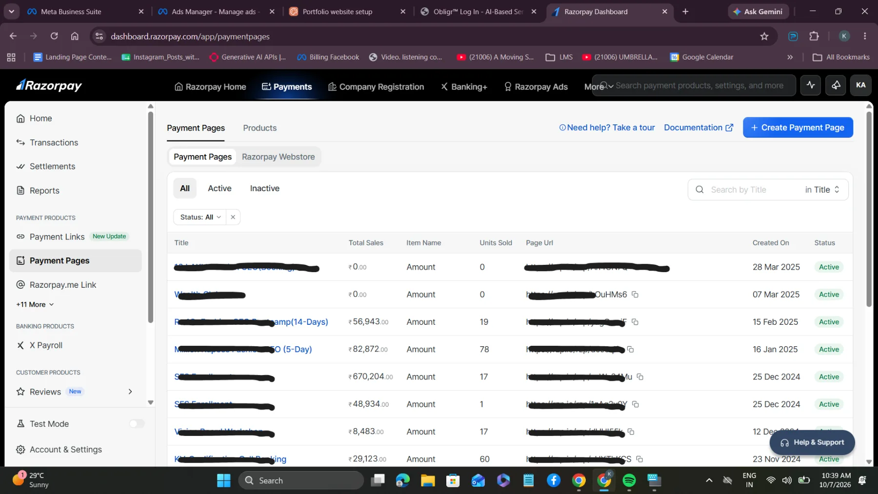 Razorpay payment pages — enrollments and bootcamps, Nov 2024 to Mar 2025. Titles and links redacted.