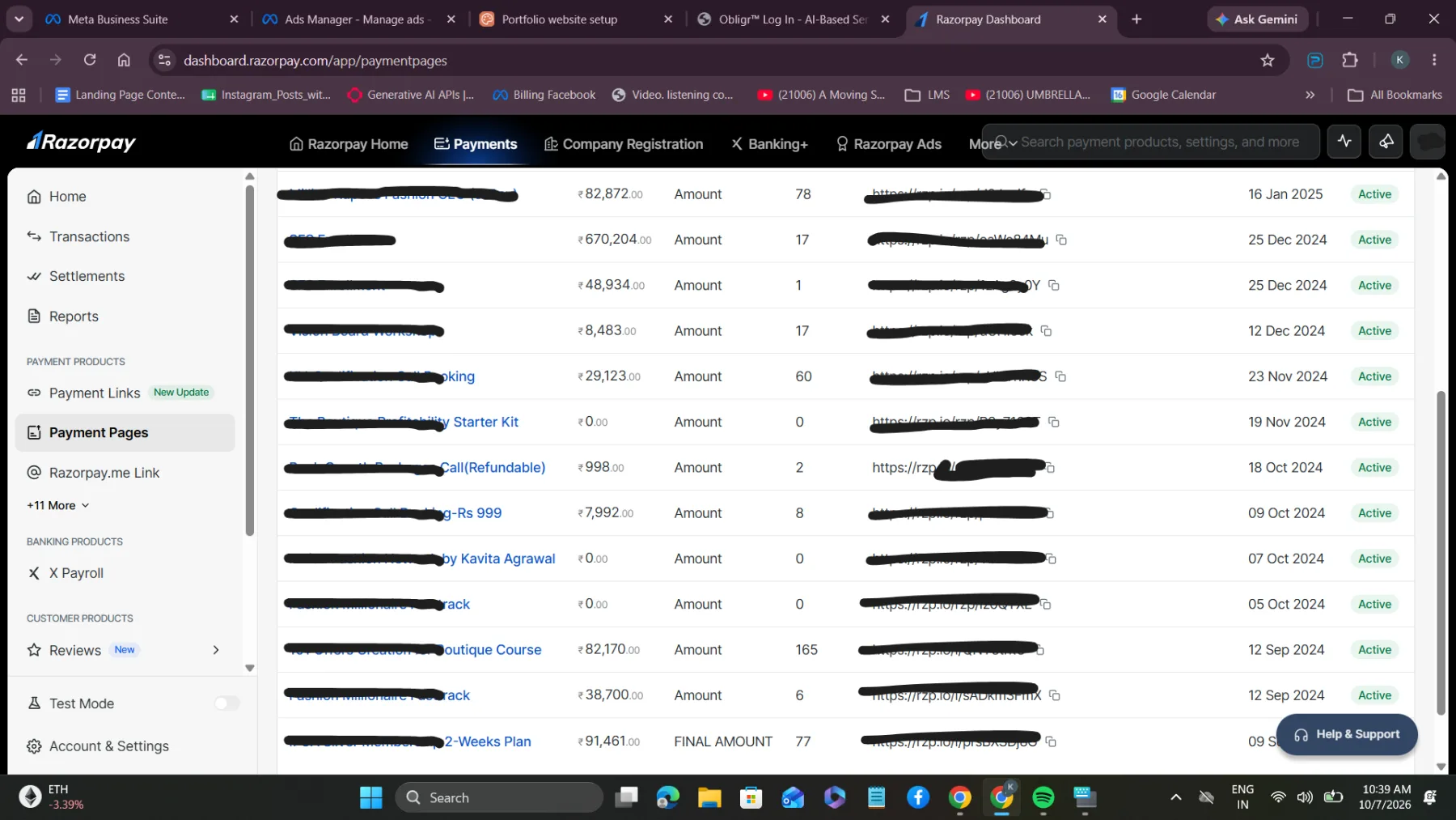 Razorpay payment pages — courses and plans, Sep 2024 to Jan 2025. Titles and links redacted.