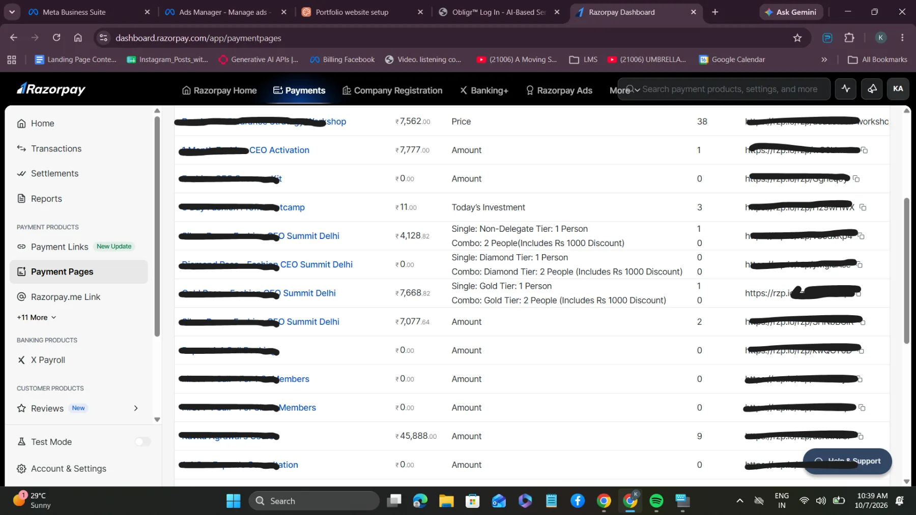 Razorpay payment pages — Summit Delhi tiers, workshops and courses. Titles and links redacted.