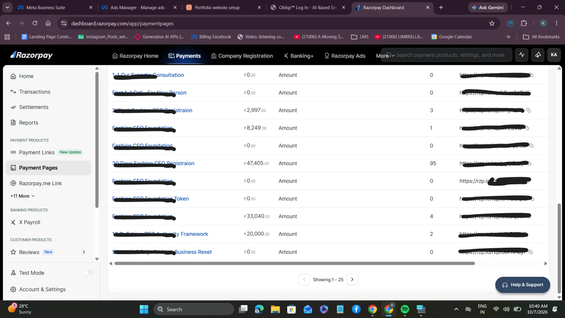 Razorpay payment pages — registrations, foundation programmes and frameworks. Titles and links redacted.